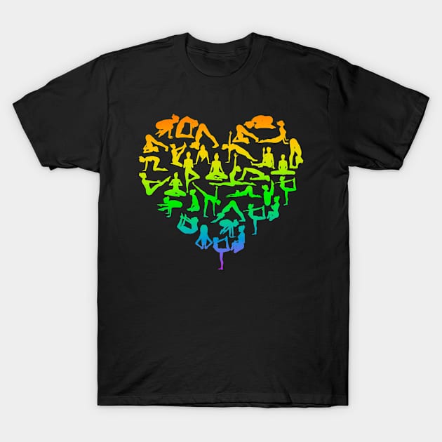 Rainbow Yoga Poses Heart T-Shirt by ALUX